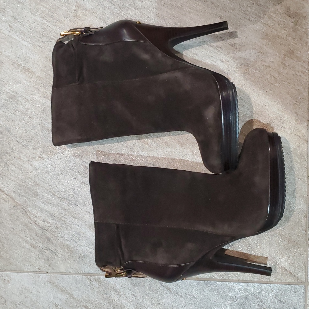 Michael Kors Brown Heeled Boots with Gold Accent